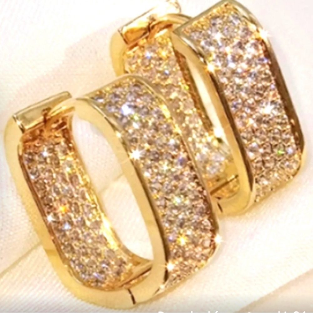 Gold Square Inside / Outside Cubic Zirconia 3/4” Hoop Earrings - New